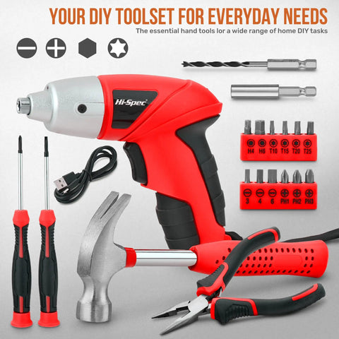 19-Piece 3.6V USB Cordless Power Screwdriver Kit for Home DIY Rechargeable Electric Screwdriver with red hand tool box and bits