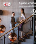 Two Head LED Emergency Exit Sign Light Kit With Backup Battery, wall-mounted with red letters over busy office stairway