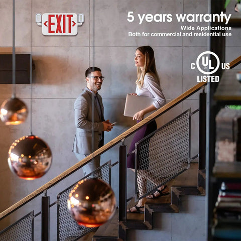 Two Head LED Emergency Exit Sign Light Kit With Backup Battery, wall-mounted with red letters over busy office stairway