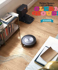 Smart Self Emptying Robotic Vacuum With Imprint Smart Mapping And Multi Level Cleaning Stores Multiple Maps For Each Floor Room Scheduling No Fuss Pet Safe Guard Renewed Premium Quality J7 Plus 7550 Series in a living room setting with a self-emptying base and award badge visible.