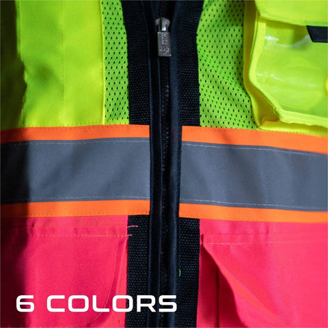 Kickass High Visibility Safety Vest For Women Featuring Extra Thick Reflective Silver Stripes Multiple Storage Pockets Ansi Class 2 Certified close-up of zipper and reflective stripes