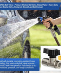 Installed brass-plated pressure washer ball valve with black knob; inset shows 3/8 in inline valve with yellow seal.