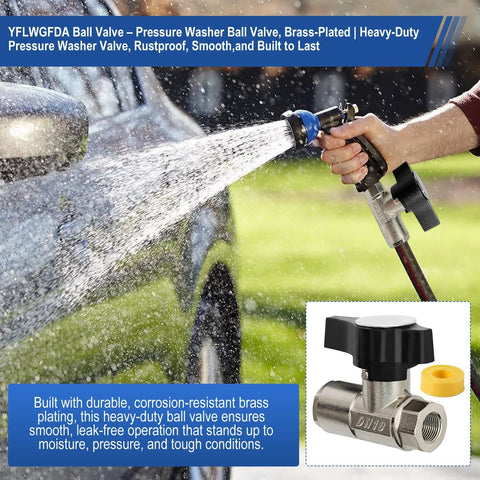 Installed brass-plated pressure washer ball valve with black knob; inset shows 3/8 in inline valve with yellow seal.