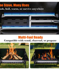 Portable Camping Grill Foldable Charcoal And Gas BBQ with flame control and fire pit options for outdoor cooking versatility.