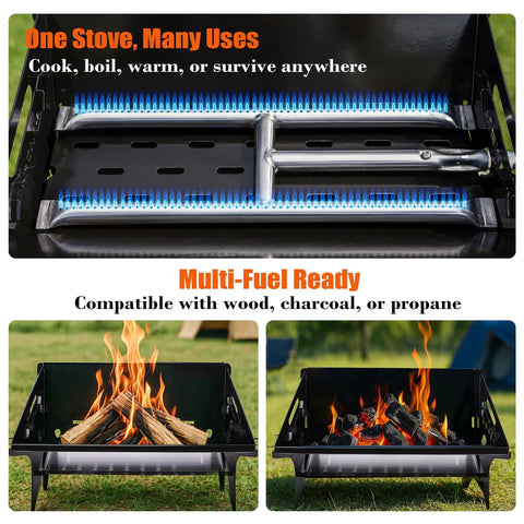 Portable Camping Grill Foldable Charcoal And Gas BBQ with flame control and fire pit options for outdoor cooking versatility.