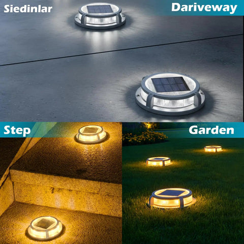 Solar Deck Lights Outdoor 16 LEDs Waterproof Pathway Lights With Two Modes Cool White Or Warm White 4 Pack installed on steps and garden