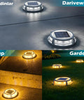 Solar Deck Lights Outdoor 16 LED Dual Mode Pathway And Driveway Markers Waterproof Ground Step Lights glowing in various settings