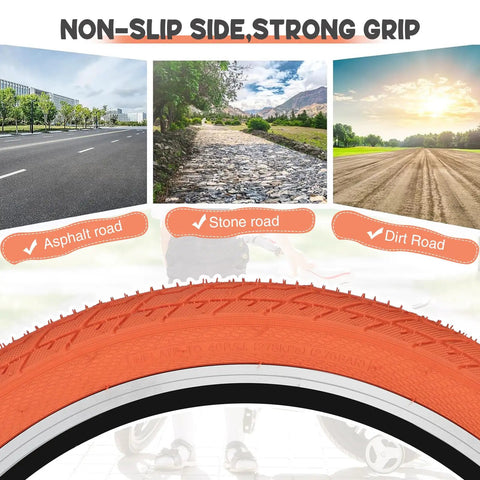 20x2.35 Bike Tire Set For BMX MTB Orange Folding Replacement Tire, non-slip grip for asphalt, stone, and dirt roads. Includes 2 tires, 2 tubes, and 2 levers.