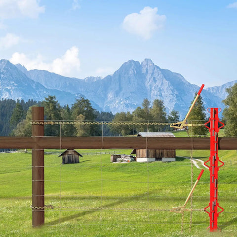 Fence Stretcher Bar Puller Kit 19.7ft Chain, 2200 Lbs Tensioner for Barbed and Chain Link Fences in use on a wooden fence outdoors