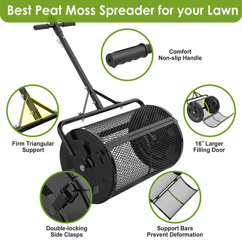24 Inch Compost And Top Dressing Spreader For Lawns With Peat Moss Capabilities featuring mesh drum, handle, and side latches