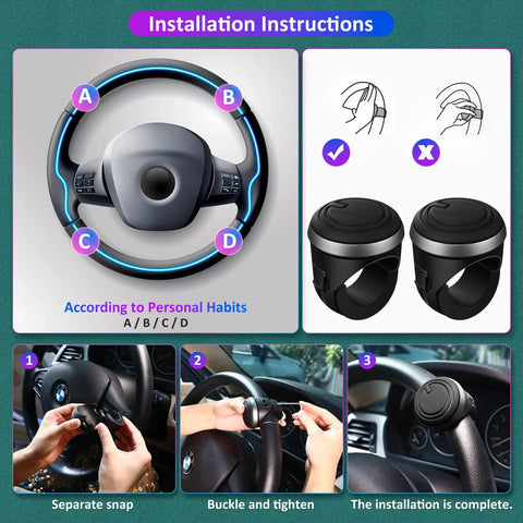 Two black steering wheel spinner knobs with silicone surface and metal bearings (2-pack) for 360-degree rotation