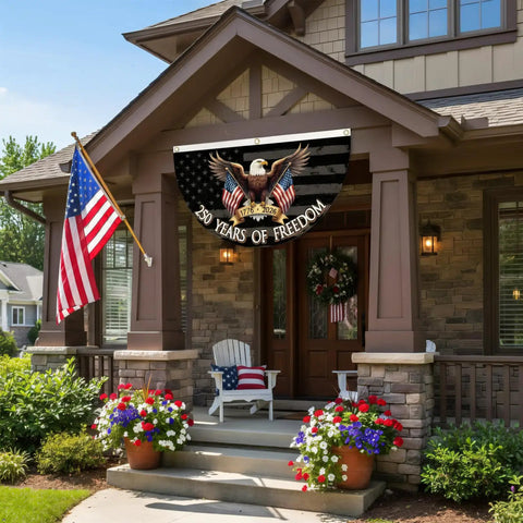 250 Year Freedom Anniversary Patriotic Eagle Bunting Flag 1776 2026 Commemorative, 2 By 4 Feet, displayed on porch