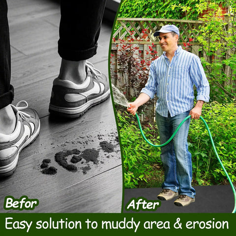 Before and after image showing 2 Pack Recycled Felt Mulch Mat Roll for Landscaping 8.2 Ft by 2 Ft Black Garden Pathway Fabric