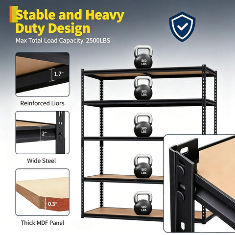 Beefy Five Tier Heavy Duty Garage Storage Shelves With Adjustable Metal Frame And Thick MDF Panels, 2000 Lb Total Capacity, Sturdy Metal Shelving Unit For Garage, Kitchen Pantry, Basement Or Laundry, 36 In L x 18 In W x 72 In H