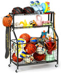 Garage Sports Gear Organizer Rack With Steel Construction Basketball Rack With Bat Holder And Hooks filled with equipment