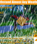 Outdoor waterproof solar lantern in metal watering can shape, hanging from a hook in heavy rain, garden decor ornament.