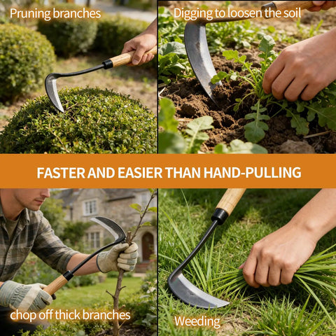 Pro Grade Japanese Garden Hoe And Sickle For Quick Weeding And Cultivating Hand Crafted With A Sharp 4.29 Inch Blade in use