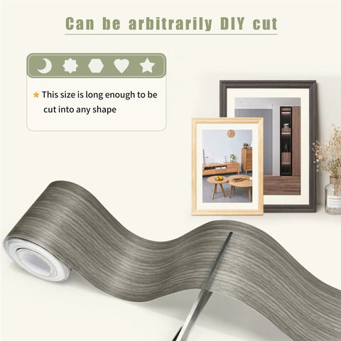 Premium Gray Wood Grain Peel And Stick Film 2.4 Inch By 15 Feet Self Adhesive Repair Wrap being cut for DIY projects.