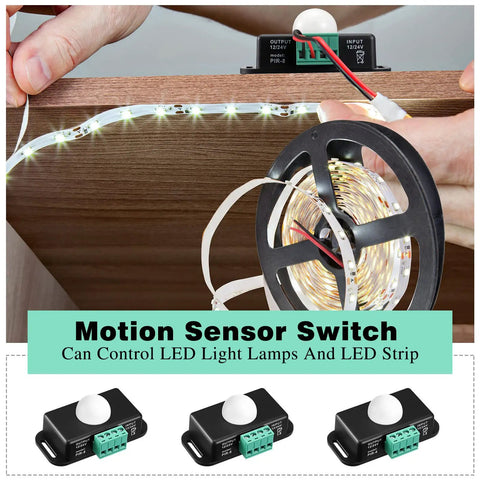 Three Pack 12V To 24V PIR Sensor Kit For LED Strip Lights showing embedded probes and black housing in use with LED strip.