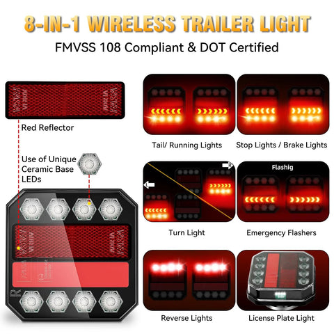 SAKFEP magnetic wireless trailer light kit; red LED modules with reflector for tail, brake, turn, reverse, and license.