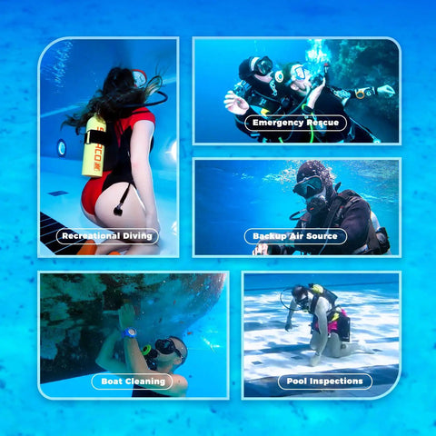 Diverse underwater activities using S700 Plus Mini Scuba Tank 1.9L Portable Diving Tank Reusable Pony Bottle with vest mount.