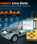 Graphic of OBDII Diagnostic Tool That Reads And Clears Check Engine Codes With Wireless Printing And Live Data Graphs Battery Voltage Test
