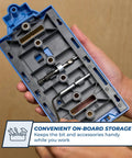 Top Shelf Corner Routing Guide System For Handheld Trim Routers And Workbench Tables showing on-board storage for bits and accessories.