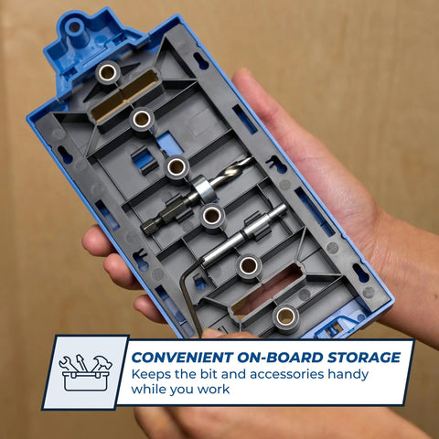 Top Shelf Corner Routing Guide System For Handheld Trim Routers And Workbench Tables showing on-board storage for bits and accessories.