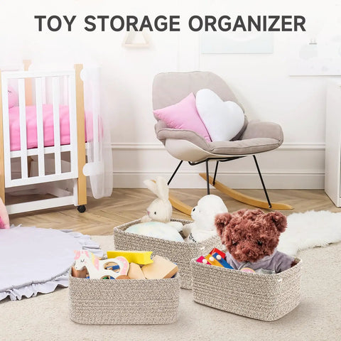 3 Pack Small Woven Rope Storage Baskets Mixed Brown, Compact Organizer For Closet Nursery, Durable Cord Basket To Stash Toys Diapers And Clothes, Legit Game Changer For Tidy Rooms