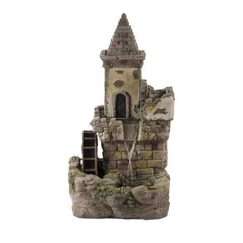 Outdoor Floor Tiered Fairy Castle Waterwheel Fountain With Realistic Stone Look Brown Finish, Includes Internal Pump For Quick Plug In Setup, Chill Water Flow For Yard, Patio, Or Garden Decor