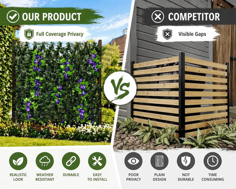Comparison of expandable wooden privacy fence panel with dope artificial flowers vs plain wooden privacy fence showing privacy and design differences.