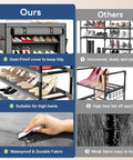 Comparison of Gray 6 Tier Shoe Rack With Cover and another model, showing dust-proof cover, high heel suitability, and fabric durability.