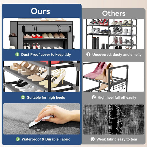 Comparison of Gray 6 Tier Shoe Rack With Cover and another model, showing dust-proof cover, high heel suitability, and fabric durability.