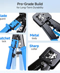 Pass Through RJ45 Crimp Tool for Cat6 Ethernet Cables with Built In Wire Cutter And Stripper, pro grade modular crimper close-up