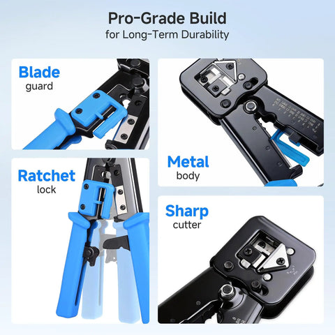 Pass Through RJ45 Crimp Tool for Cat6 Ethernet Cables with Built In Wire Cutter And Stripper, pro grade modular crimper close-up