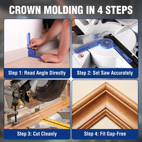 Crown molding step-by-step with 7.3 Inch Aluminum Miter Bevel Gauge Precision Angle Finder for accurate cuts.