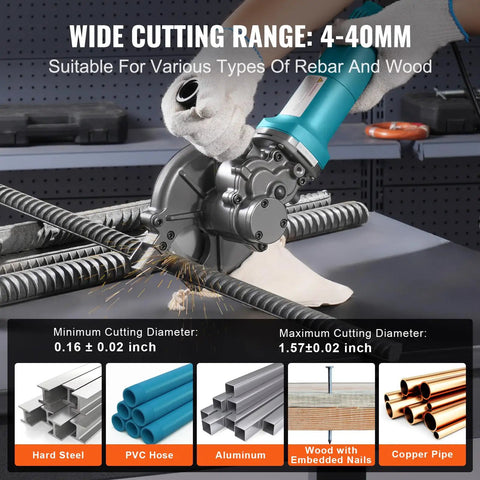 Operator using VEVOR Electric Rebar Cutter 1100W Portable Wire Rod Shear on rebar, demonstrating wide cutting range for construction.