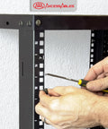 Hands using a Heavy Duty Six Inch Cage Nut Tool For Server And Network Rack Mounting to secure a cage nut in a rack rail.