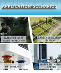 Application scenarios for 0-200 Psi Water Pressure Gauge showing basement inspection, irrigation, heater, filtration