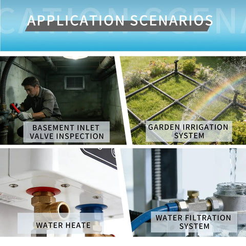 Application scenarios for 0-200 Psi Water Pressure Gauge showing basement inspection, irrigation, heater, filtration