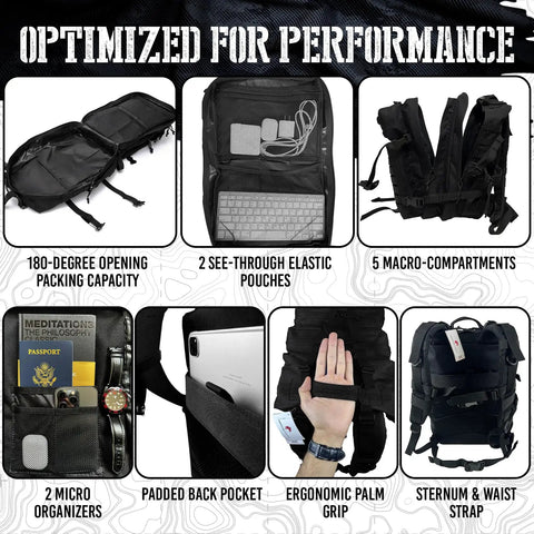 Image showcasing features of the Elite 45L Tactical Backpack For Work And Missions, including compartments and ergonomic design.