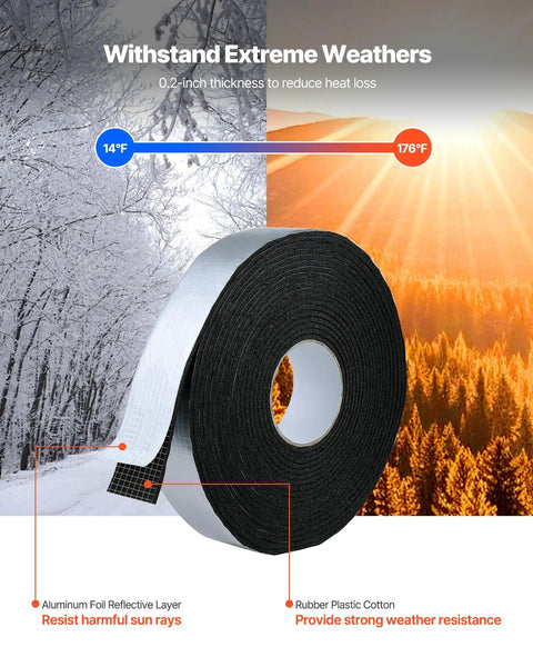 Pipe Insulation Wrap 32.8 Feet By 2 Inches With Aluminum Foil Layer Self Adhesive Foam for Freeze Protection shown outdoors.