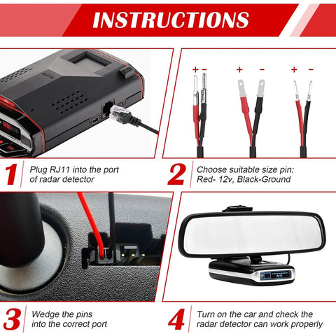 Installation instructions for 14 Inch Upgraded Mirror Wire Tap Radar Detector Hardwire Power Cord Kit with Braided RJ11 Mount