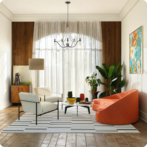 Modern living room with orange couch, armchair, black metal chandelier, patterned rug, and large window with sheer curtains.