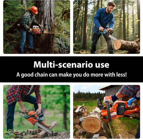 Men using 16 Inch Chainsaw Bar And Chain Kit With 3 Eighth LP Pitch And.050 Gauge 56 Drive Links Includes 4 Chains 1 Bar 1 File And Gloves Fits Craftsman Ryobi Echo EGO And More For Quick Smooth Cuts in forest.