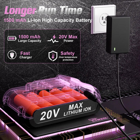 Built Tough 20V Cordless Drill Set With Fast Charging Battery And Sleek Pink Finish delivering a 1500 mAh lithium-ion battery and charger.