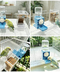 Ditch The Floor Debris With This No Mess Bird Cage Feeder And Automatic Water Dispenser in a birdcage with colorful birds.