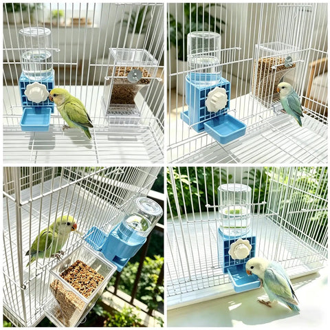 Ditch The Floor Debris With This No Mess Bird Cage Feeder And Automatic Water Dispenser in a birdcage with colorful birds.