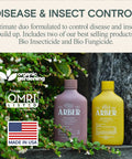 Two bottles of Arber Bio Insecticide and Bio Fungicide next to plants, OMRI listed, made in USA for organic gardening use.