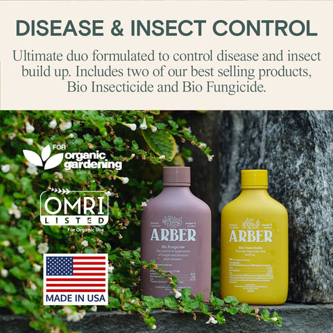 Two bottles of Arber Bio Insecticide and Bio Fungicide next to plants, OMRI listed, made in USA for organic gardening use.